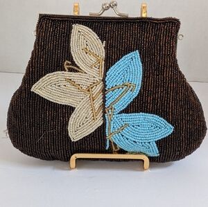 Antique Vintage handmade Micro beaded Brown, Blue and ivory purse flower design